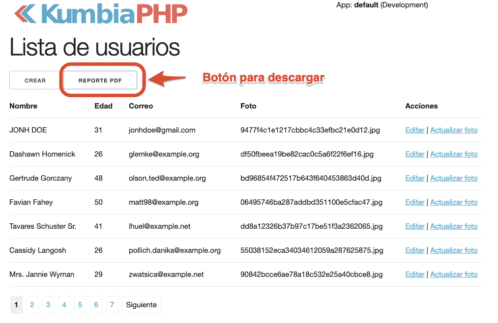 Enlace "Reporte PDF" en el listado de usuarios.