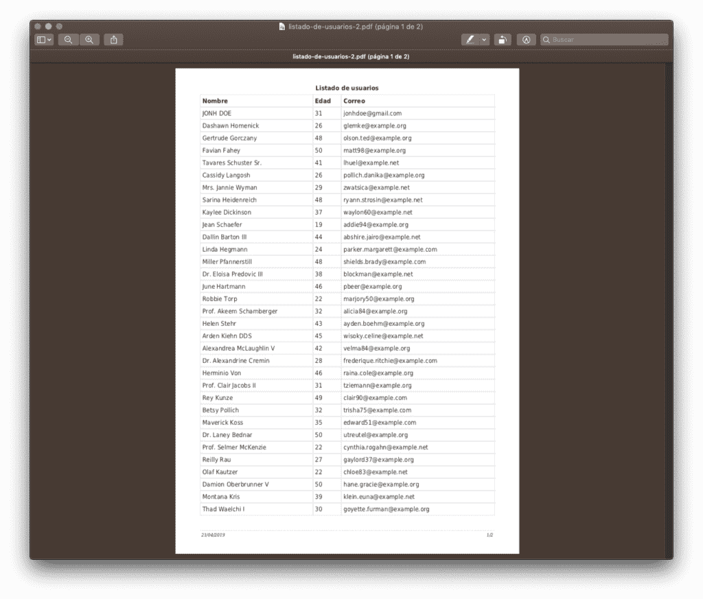 Listado de usuario en PDF